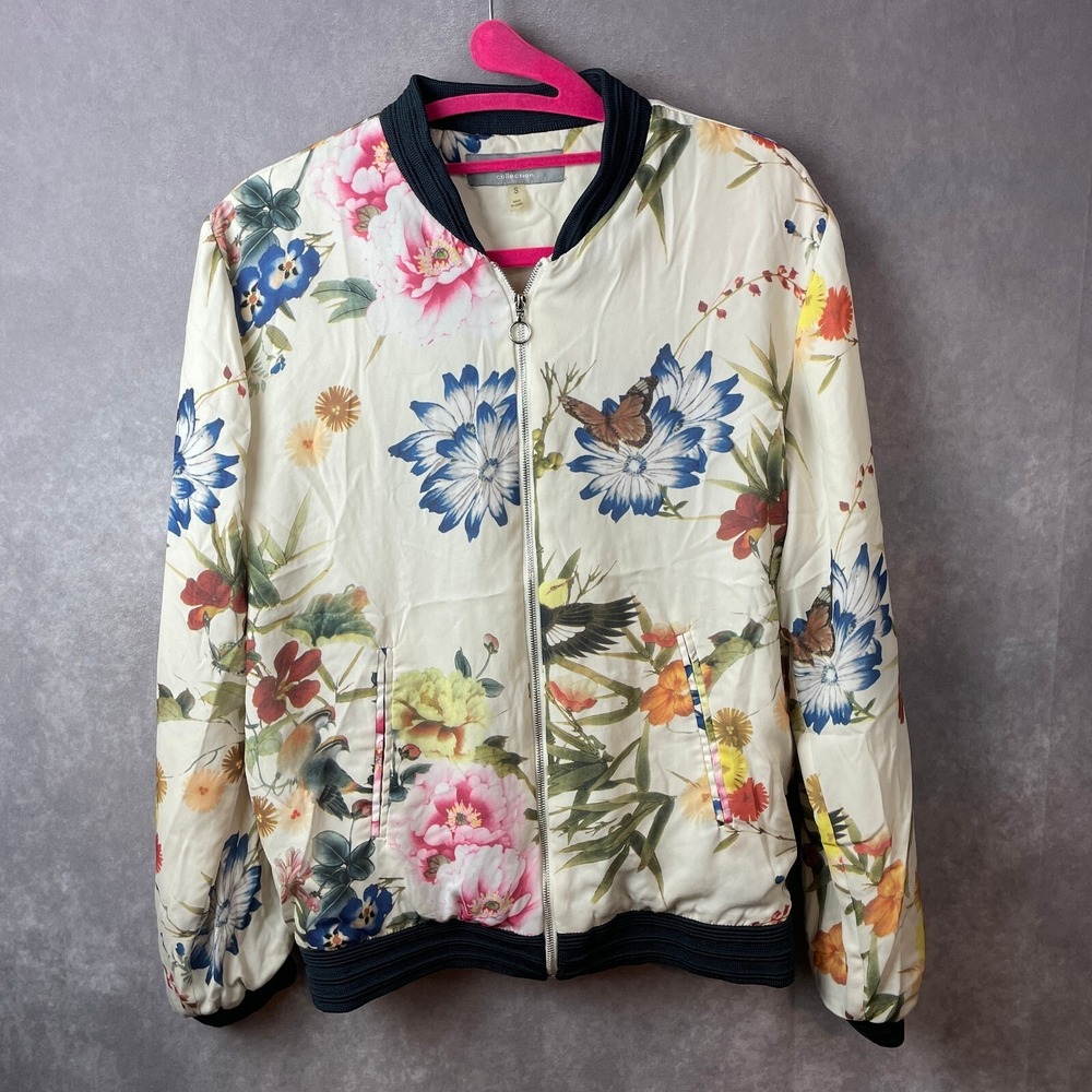 Bagatelle Bomber Jacket Womens Small Floral Boho Butterfly Faux Pockets Outdoor